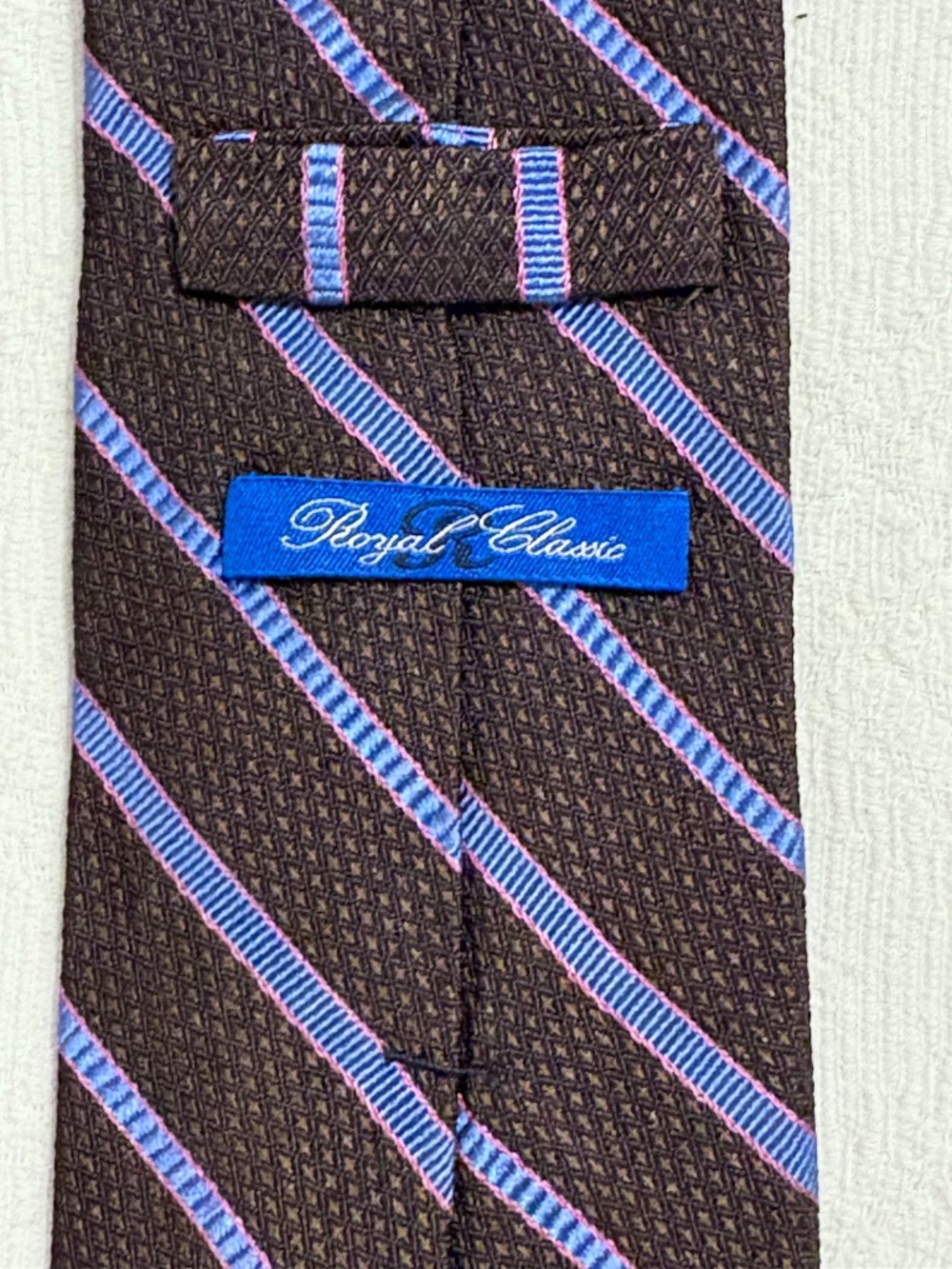 Tom James Royal Classic Silk Tie Brown Blue Pink Striped 3” Vintage Ivy Prep